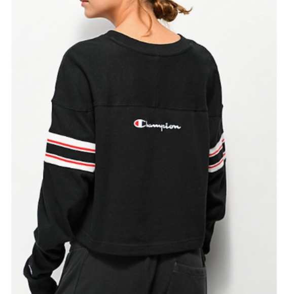 CHAMPION STRIPE BLACK CROP LONG SLEEVE T-SHIRT - Picture 6 of 8
